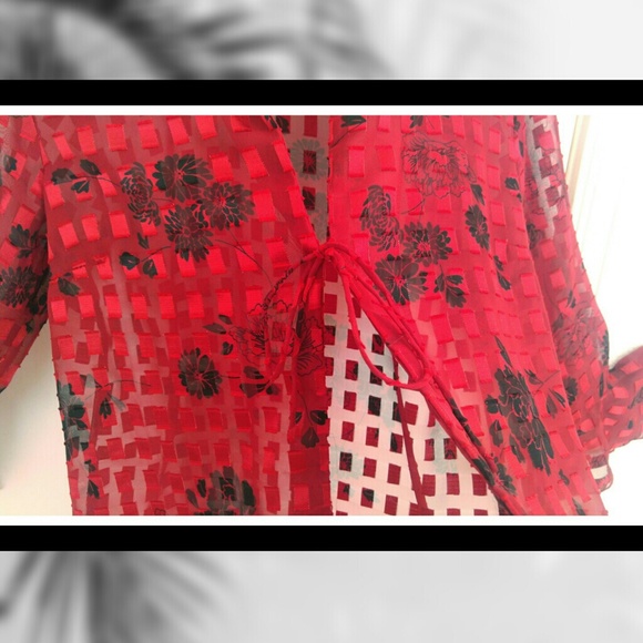 NOTATIONS Sheer Checkered Bell Sleeve Blouse #3026p - Picture 2 of 5